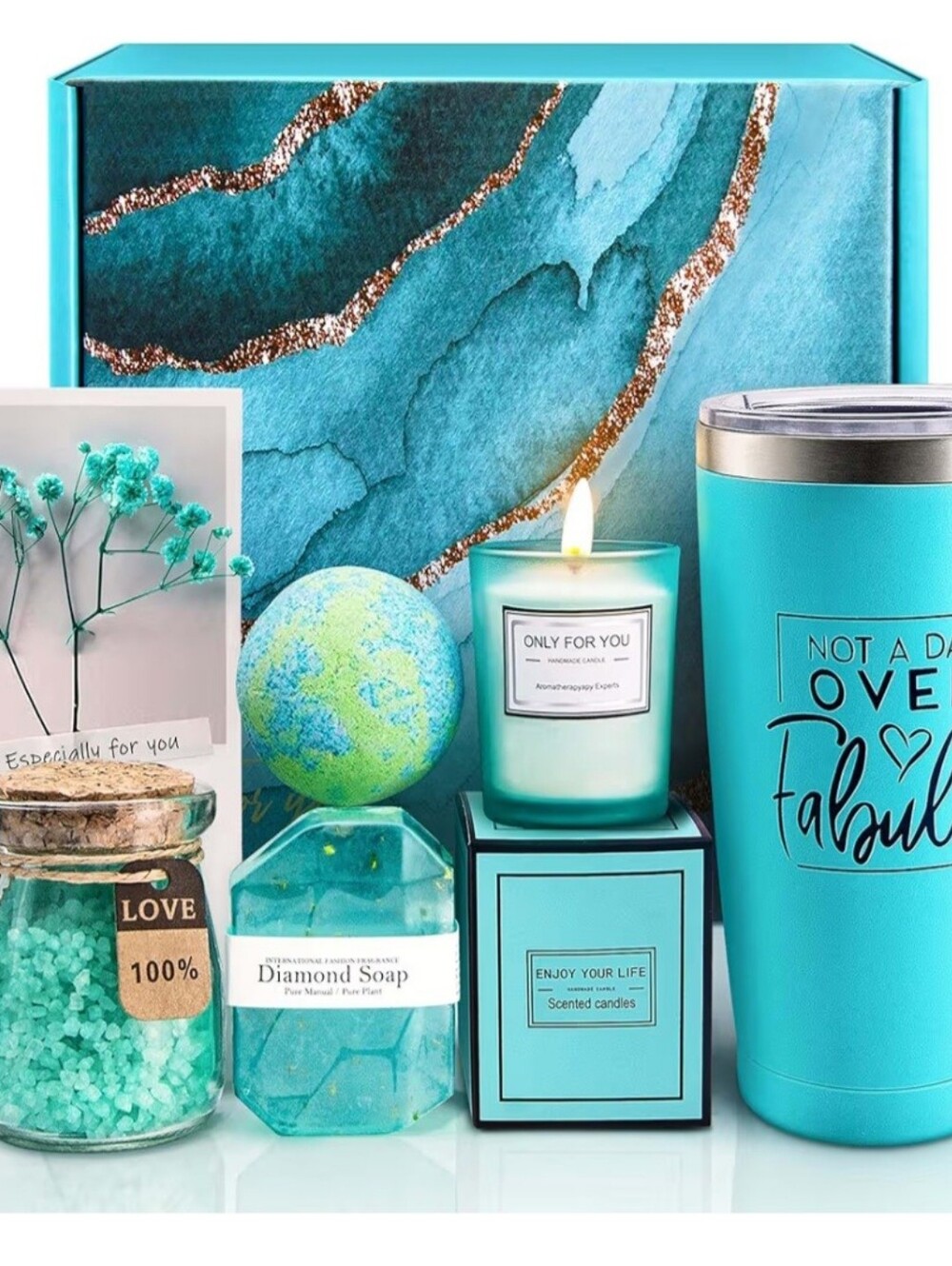 Relaxing Spa Gift Basket Set. Tumbler, Straw, Candle, Soap, Bath Ball, Bath Salt